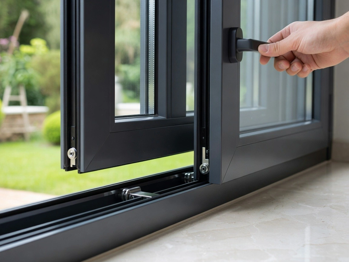 نمای نزدیک مکانیزم پنجره لیفت اند اسلاید - بلند شدن لنگه از روی ریل و لاستیک EPDM